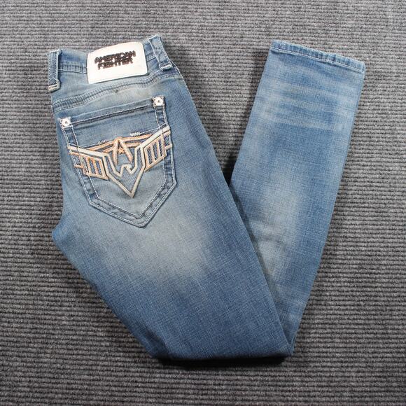 American Fighter Jeans Womens 29 Light Wash Slim Straight Distressed Embroidered - Picture 1 of 11